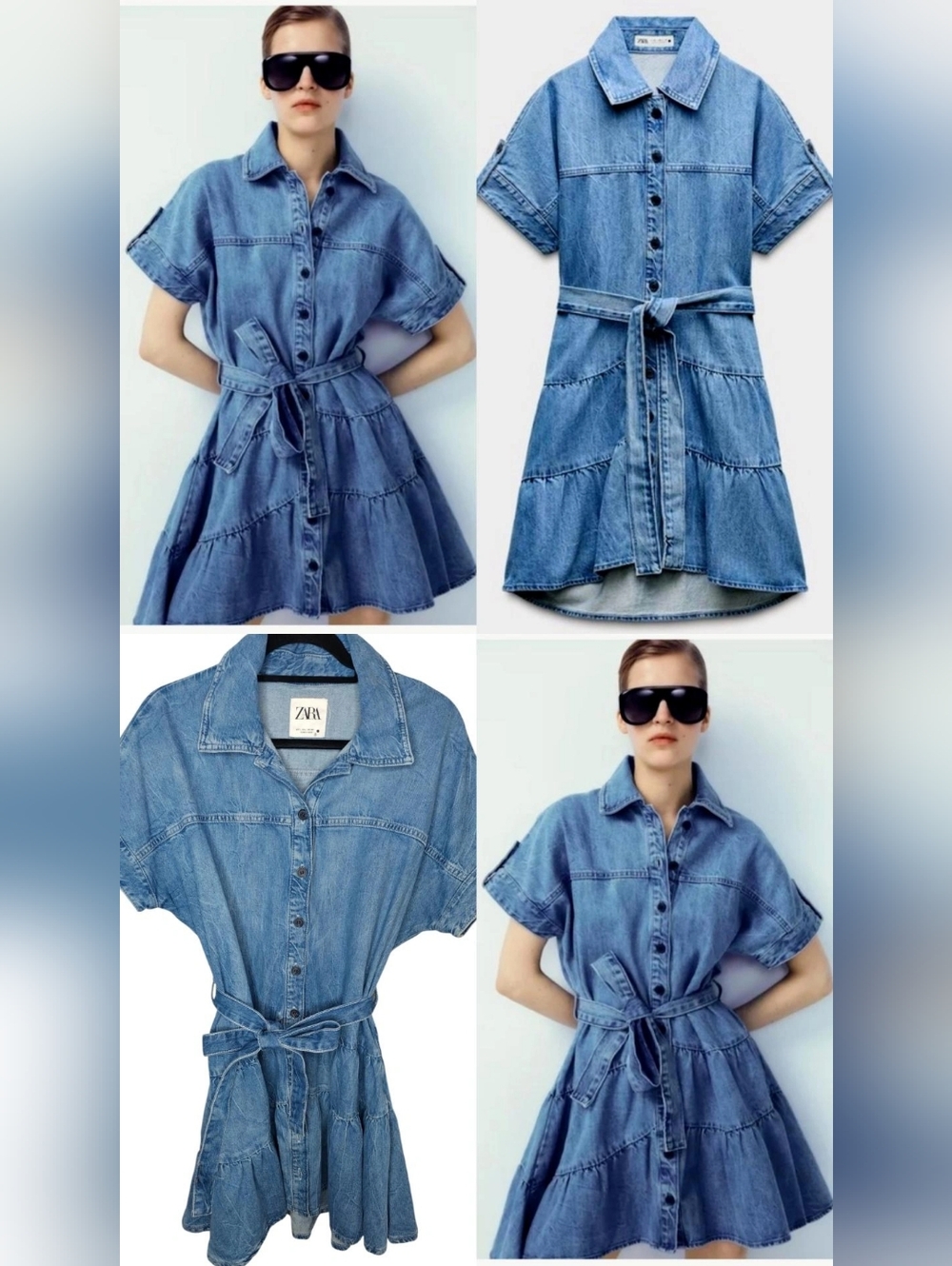 ZARA Belted Light Blue Denim Shirt Dress with Tie Waist L